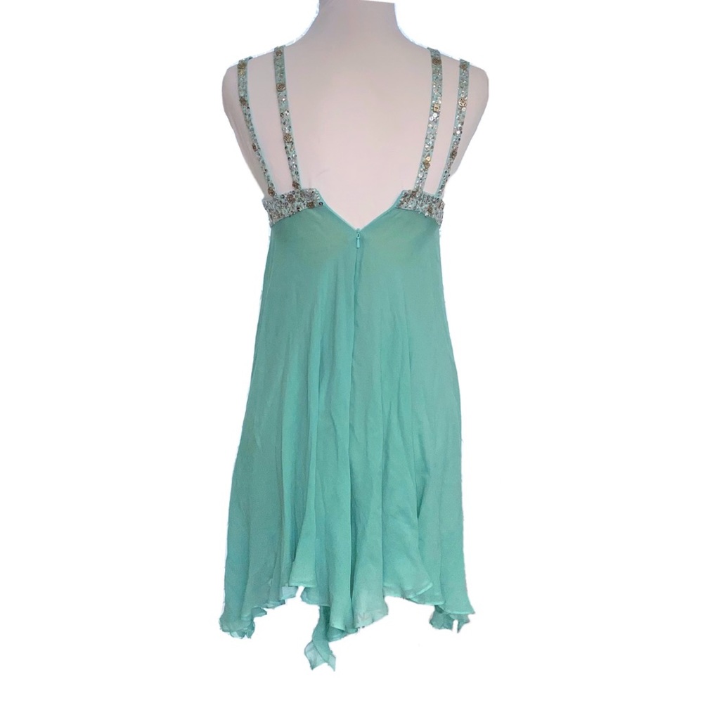 Vintage Mandalay green teal silver sequin beaded sleeveless v-neck silk dress - Picture 2 of 13